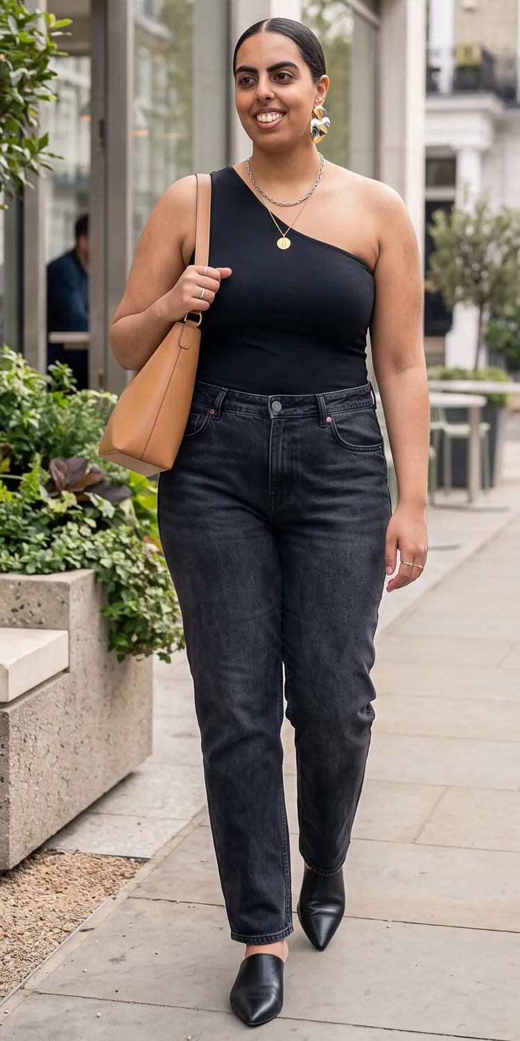 Asymmetrical One-Shoulder Top & Washed Dad Jeans