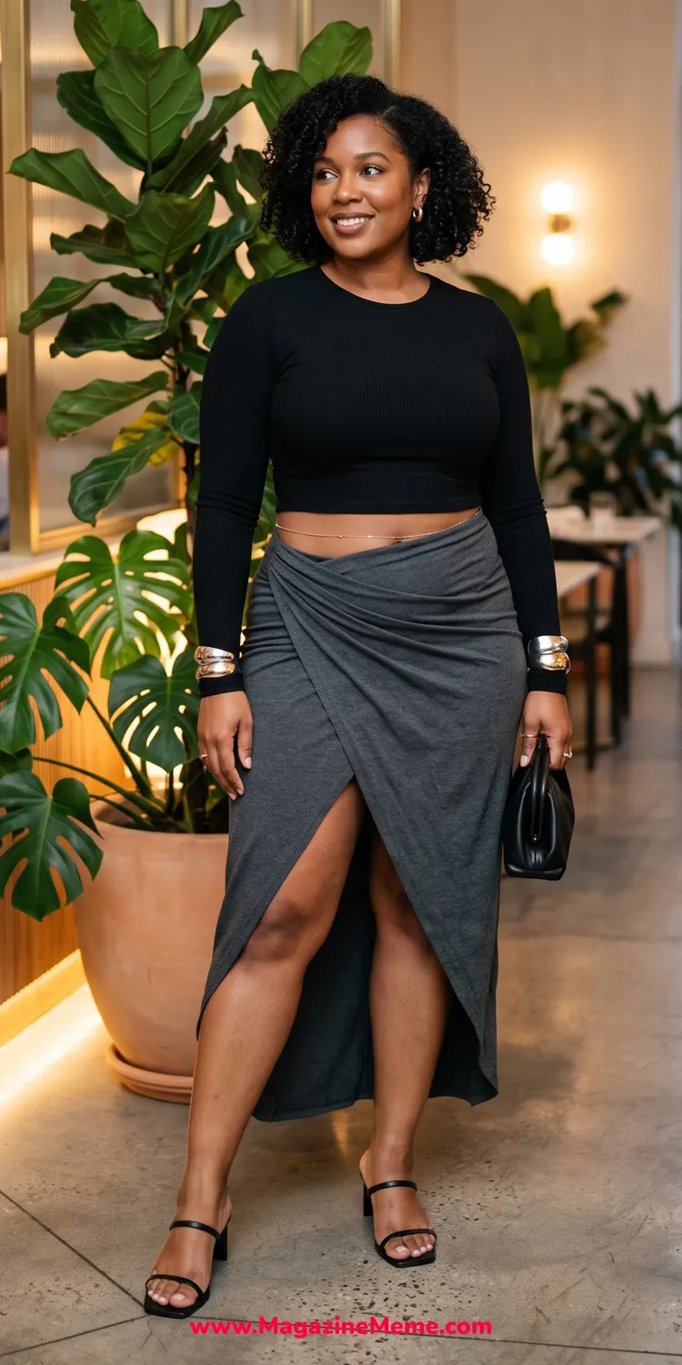 Asymmetrical Draped Wrap Skirt with a Sleek Long-Sleeve Crop