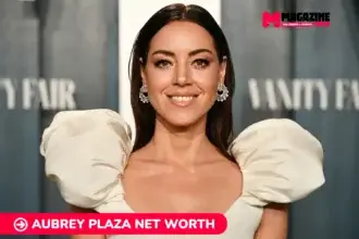 Aubrey Plaza net worth smiling in cream puff-sleeve gown for article portrait