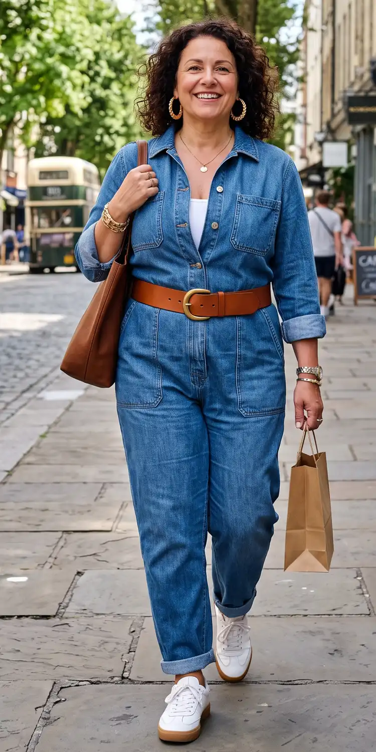 Belted Denim Utility Boiler Suit with Chunky Gold Hoop Accents