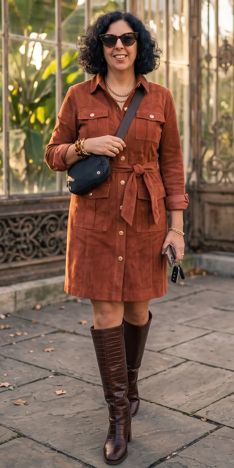 Belted Utility Shirtdress in Rust Suede with Tall Croc-Embossed Boots