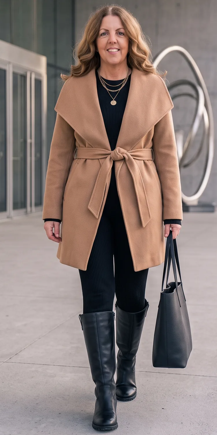 Belted Wool Wrap Coat Over a Sleek Long-Sleeve Ribbed Jumpsuit