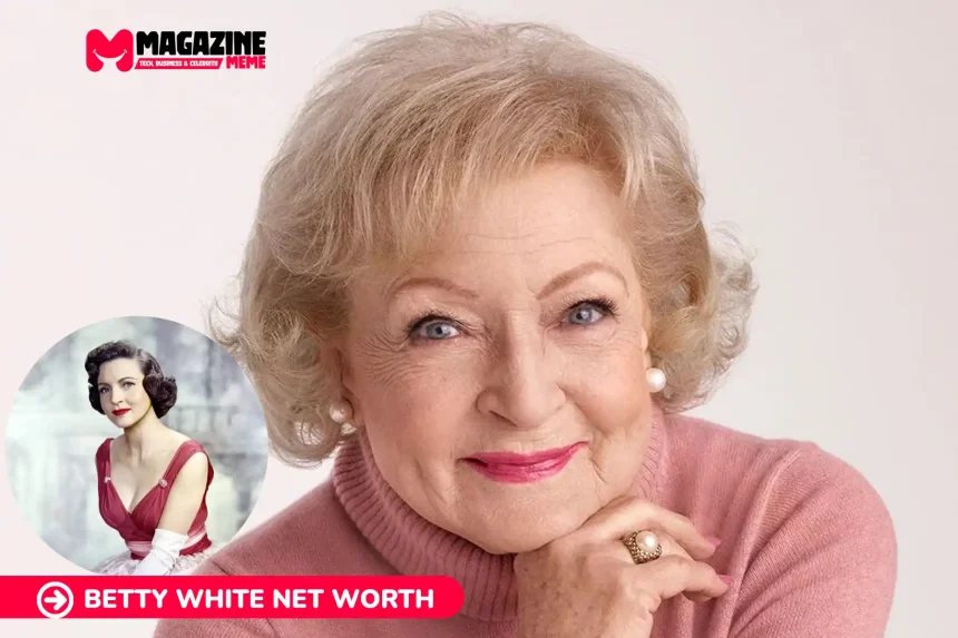 Betty White smiling in a pink turtleneck, close-up studio portrait for net worth article