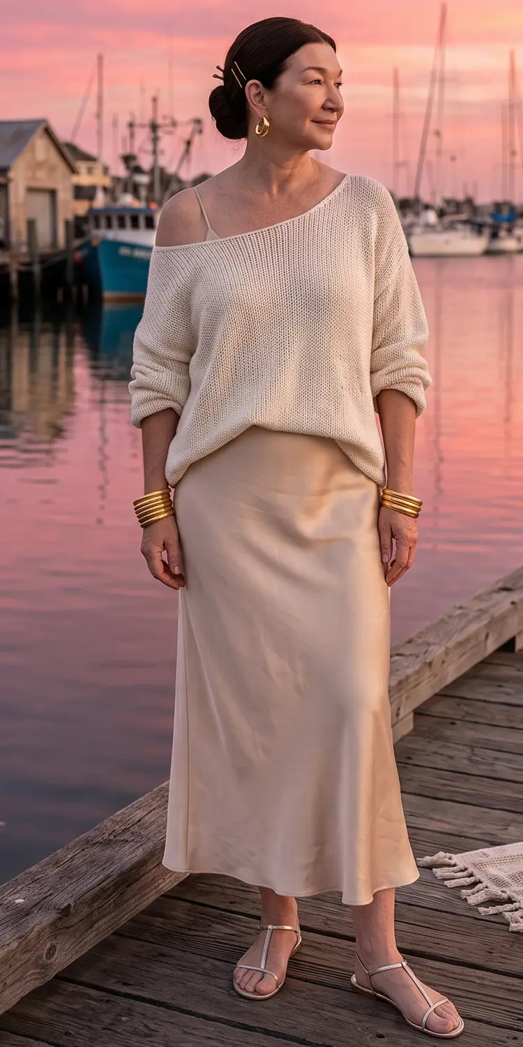 Bias-Cut Satin Slip Dress Topped with a Slouchy Beach Knit