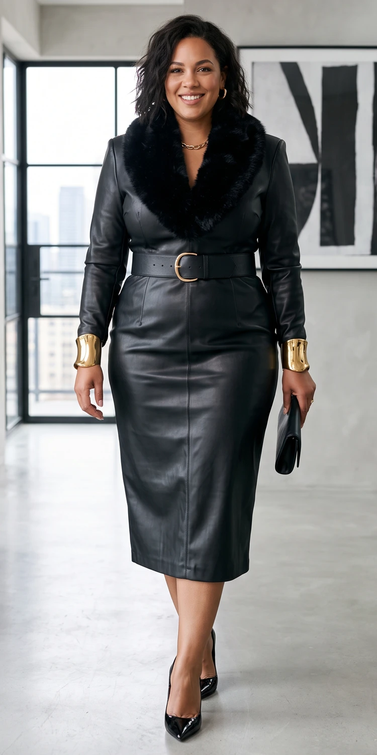 Black Faux Leather Midi with a Plush Fur Collar