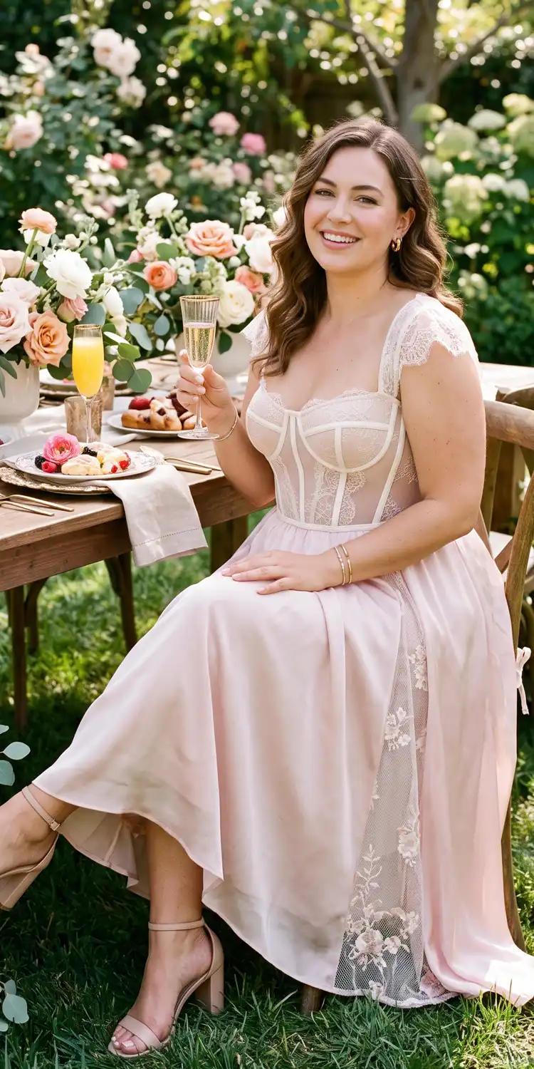 Blush Pink Corset Midi Dress With Delicate Lace Boning