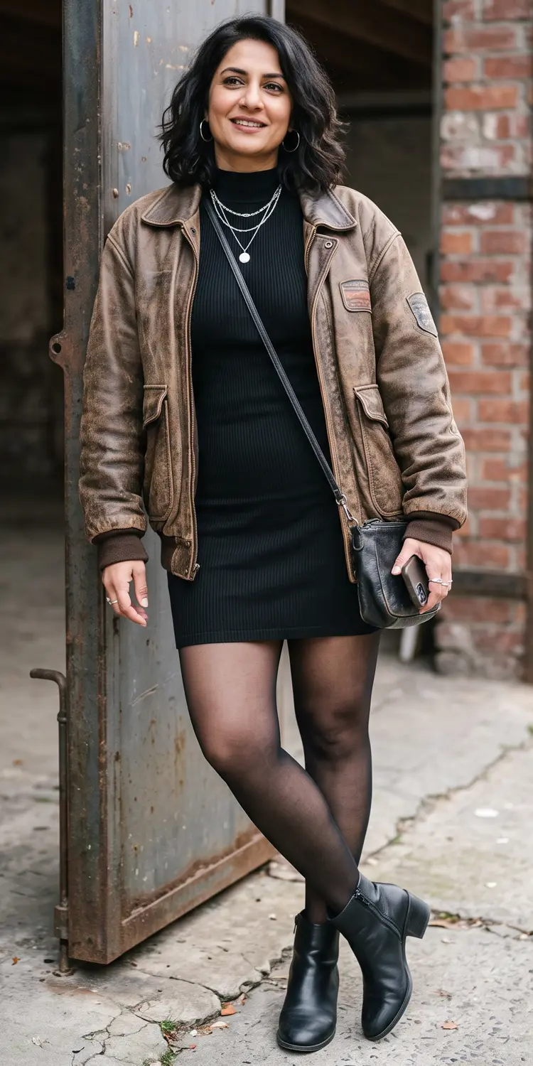 High-Neck Bodycon Mini Dress Balanced by an Oversized Vintage Leather Bomber