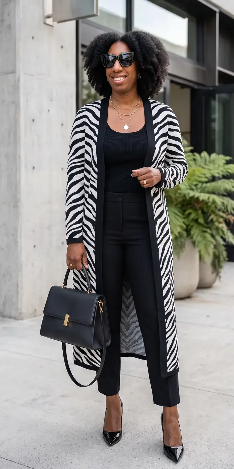 Bold Zebra Jacquard Duster Coat with Sleek Cigarette Pants