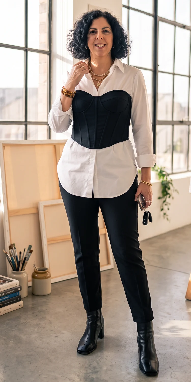 Boned Corset Top Layered Over a Crisp White Oversized Poplin Shirt