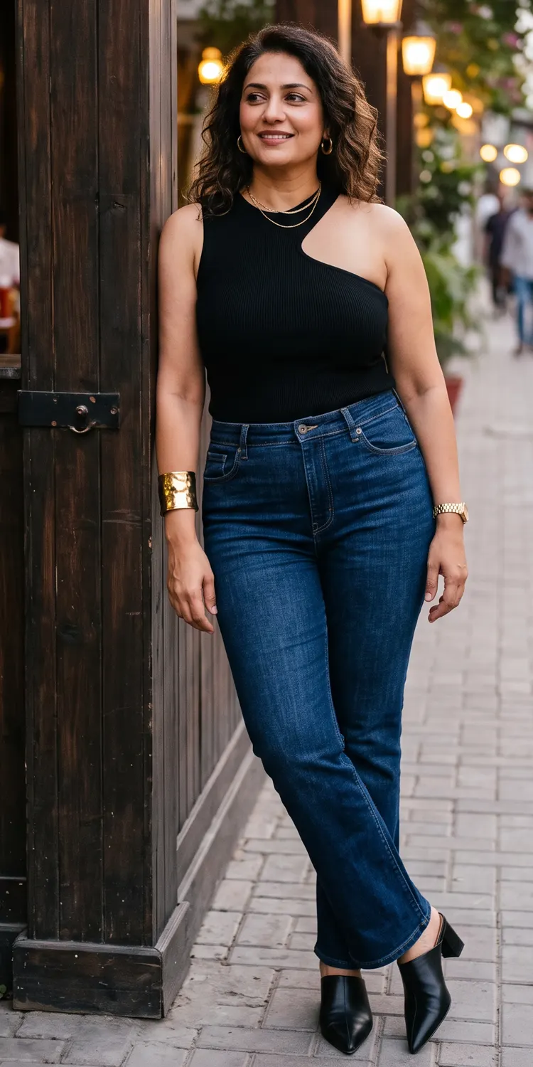 Dark Wash Bootcut Denim with an Asymmetrical Cutout Shoulder Top