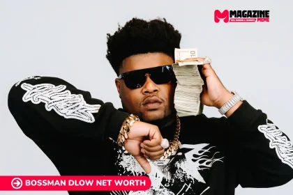 Bossman Dlow net worth portrait: rapper in sunglasses and gold chain holding cash.