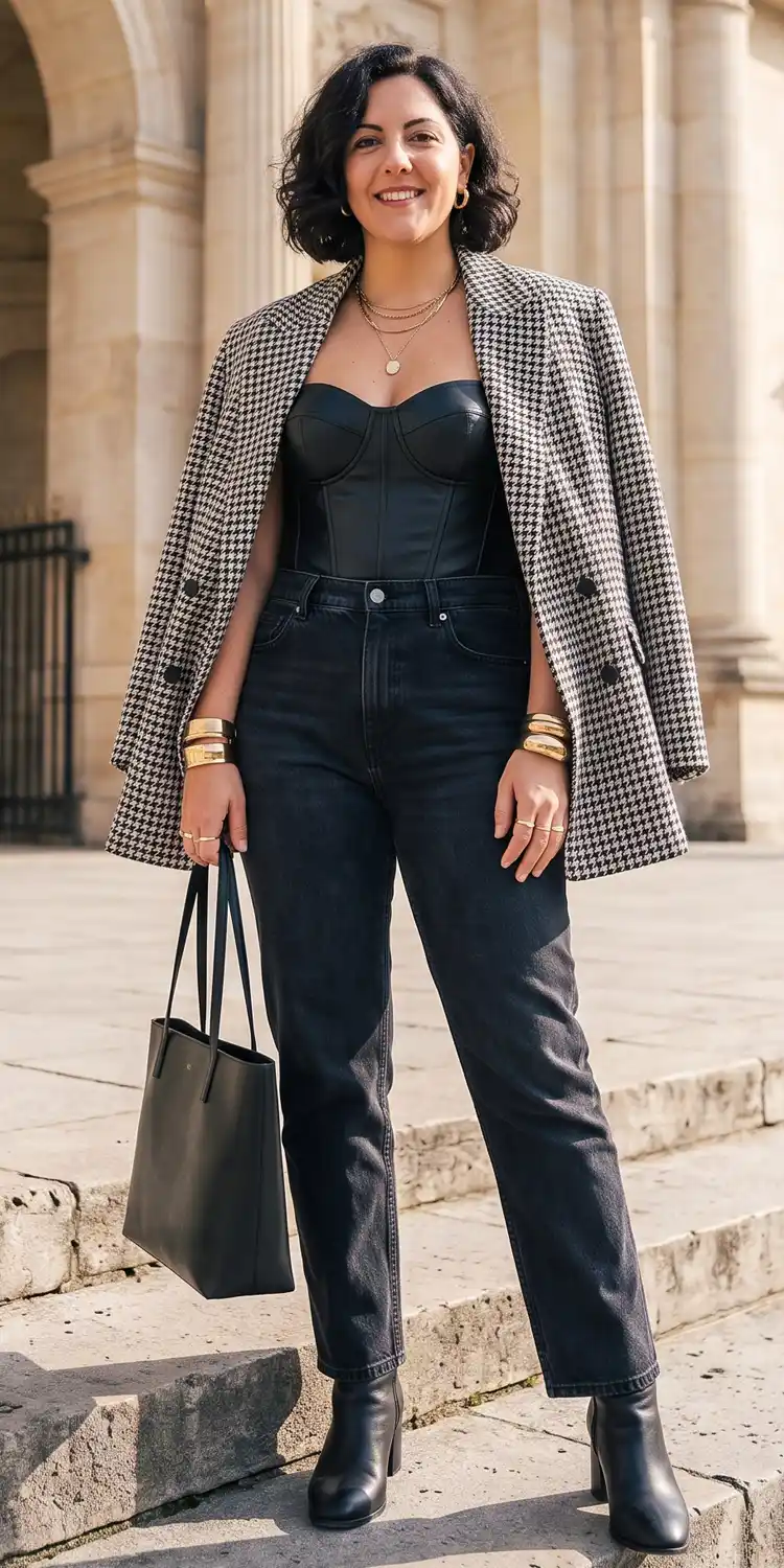 Boxy Houndstooth Blazer Layered Over a Structured Black Bustier