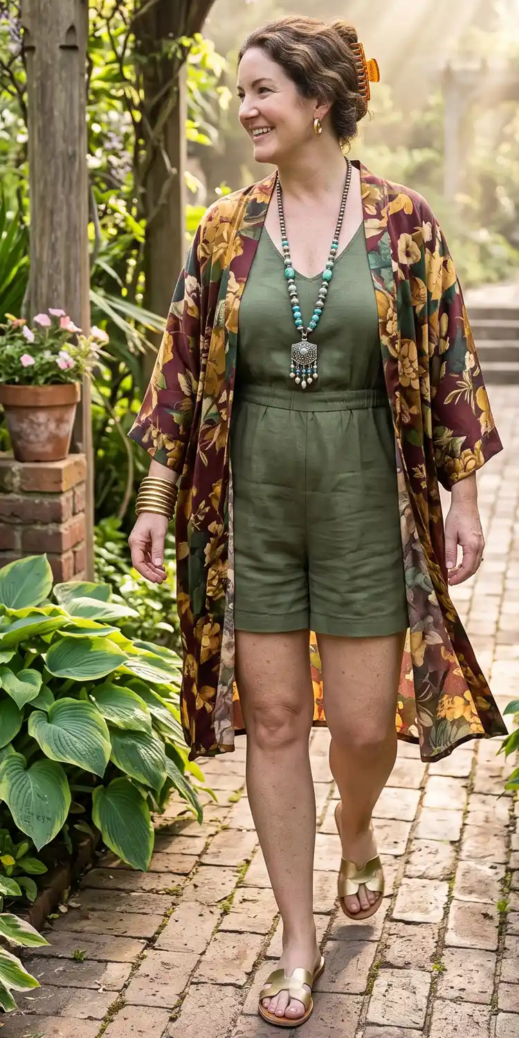 Breezy Printed Kimono Draped Over a Solid Neutral Romper