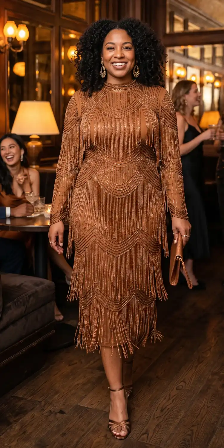 Bronze Beaded Flapper-Vibe Midi with Barely-There Heels