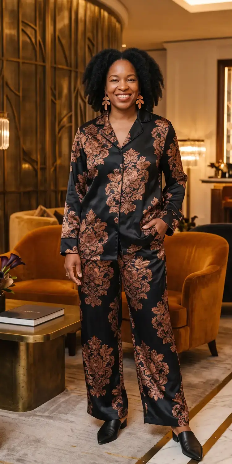 Burnished Bronze Floral Satin Camp Shirt and Slouchy Pajama Pants