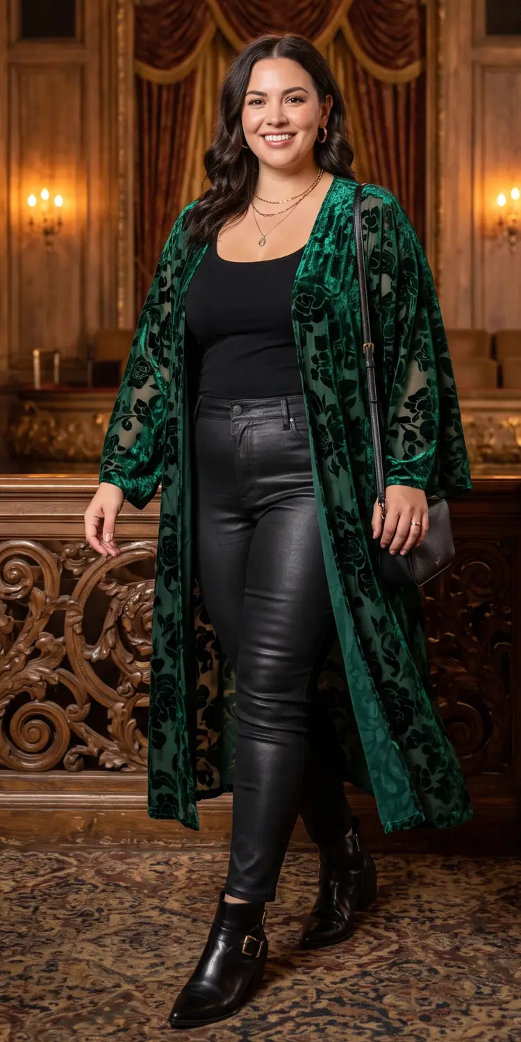 Deep Jewel-Tone Burnout Velvet Kimono Paired with Coated Skinny Jeans