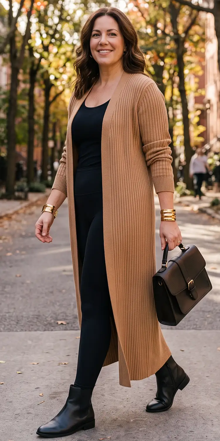 Camel Knit Duster Cardigan Over an All-Black Seamless Base