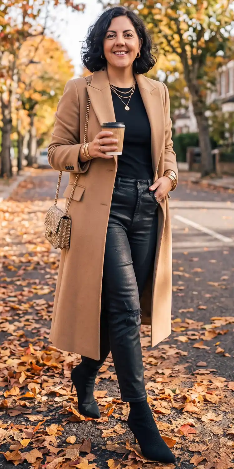 Camel Tailored Coat Worn Open Over Coated Black High-Rise Denim