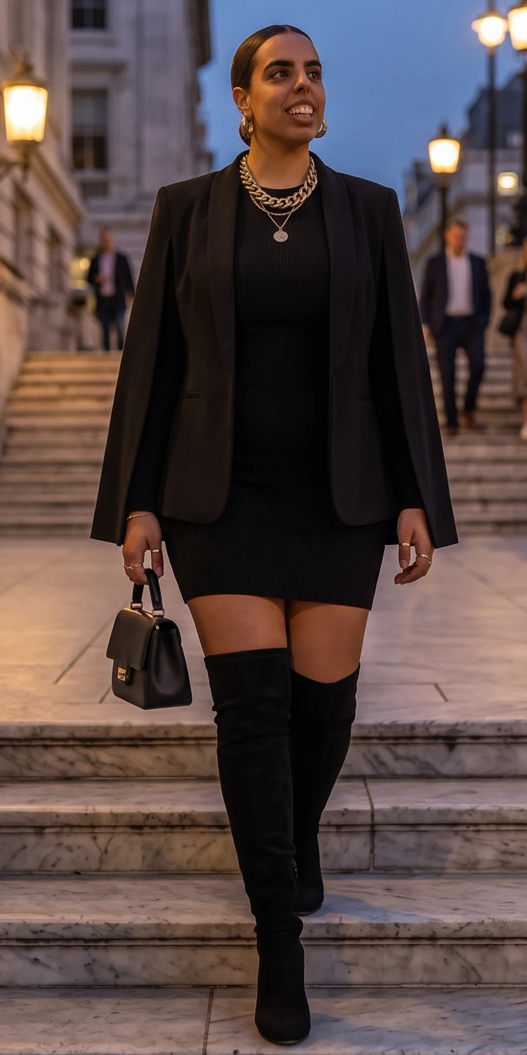 Dramatic Cape Blazer Over a Sleek Seamless Mini Dress and Thigh-High Suede Boots