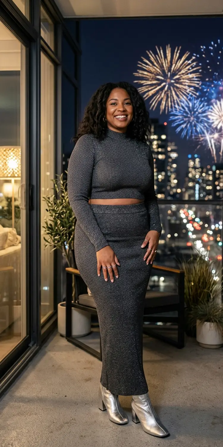 Charcoal Shimmer Ribbed Two-Piece Maxi Set
