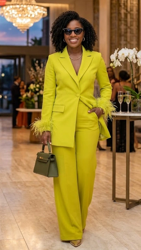 Chartreuse Tailored Two-Piece Suit Accented with Textured Cuffs