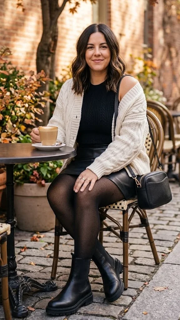 Chunky Knit Cardigan Draped Off One Shoulder Over a Faux-Leather Mini Skirt