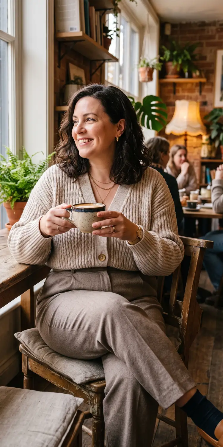 Chunky Knit Cropped Cardigan Buttoned Once Over High-Waist Pleated Slacks