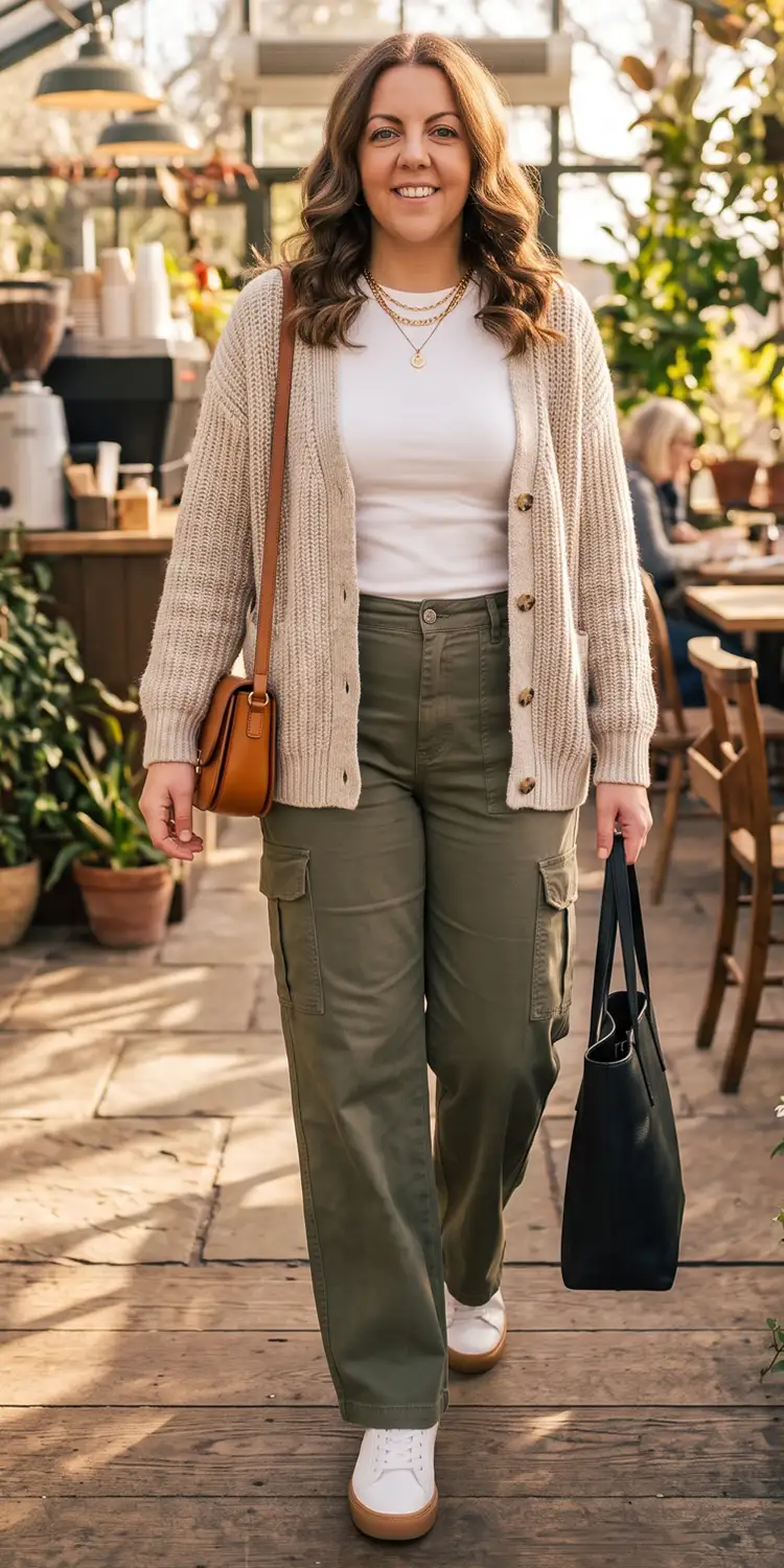 Chunky Ribbed Cardigan Open Over a Smooth Base and Wide-Leg Cargo Trousers