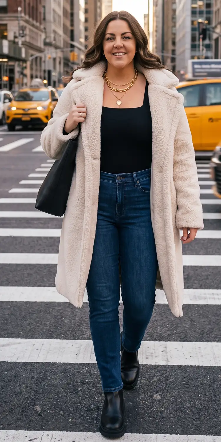 Cocoon Teddy Coat Layered Over a Sculpting Square-Neck Bodysuit