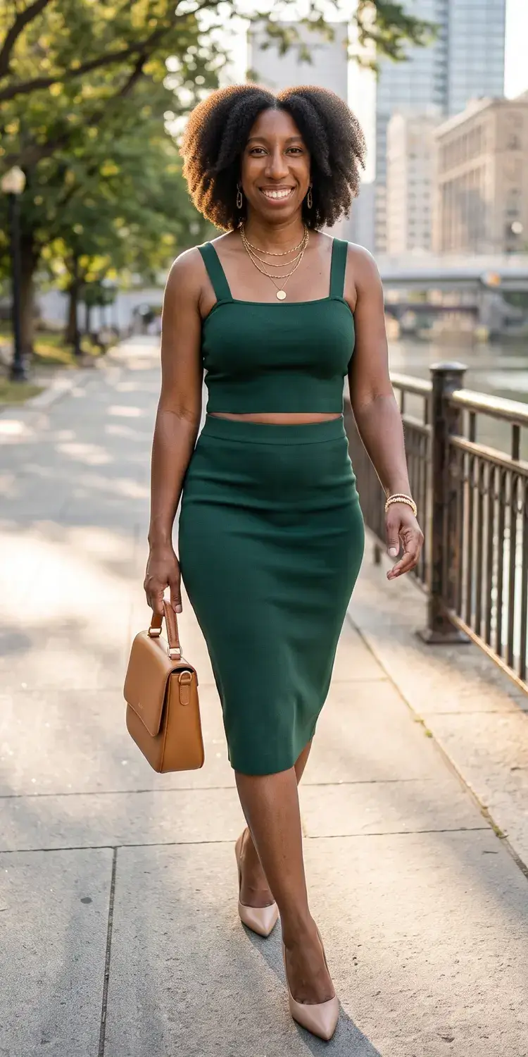 Compact Ponte Knit Crop Top and High-Waisted Pencil Skirt