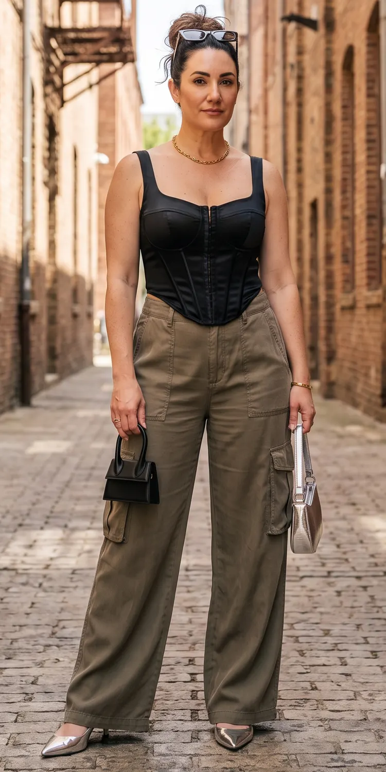 Snatched Corset Top Styled with Relaxed Wide-Leg Cargo Pants