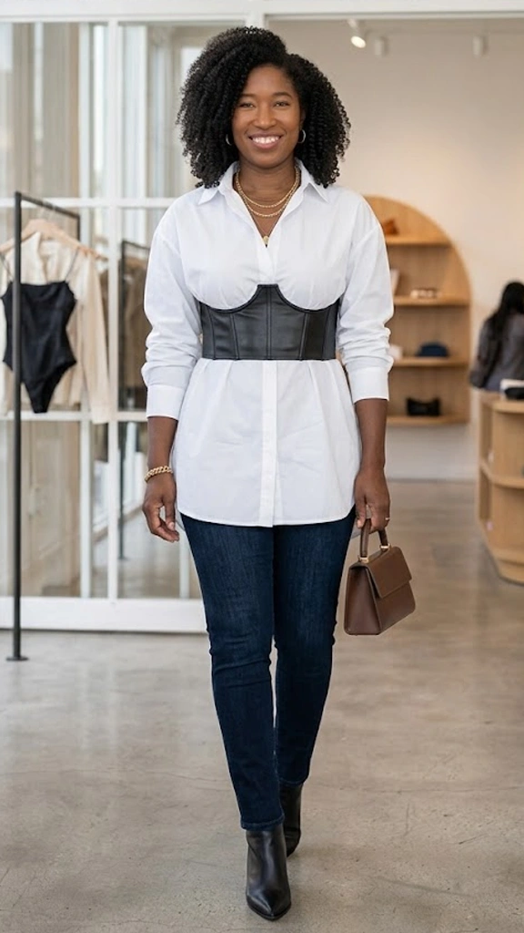 Structured Underbust Corset Layered Over a Crisp Oversized Poplin Shirt