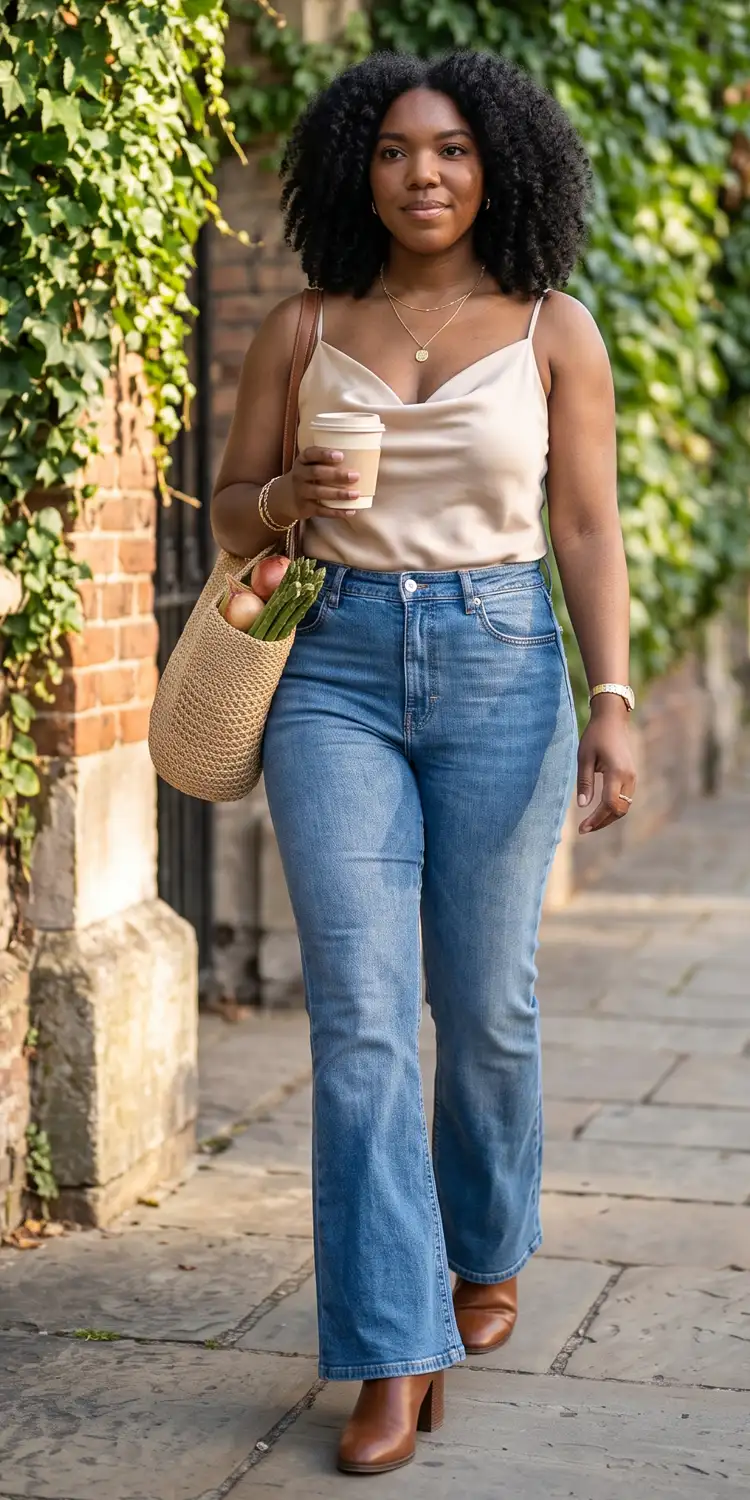 Cowl-Neck Satin Camisole with High-Rise Flare Denim