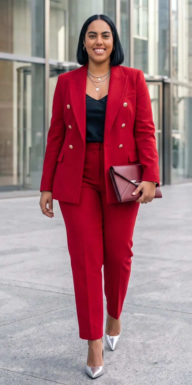 Bold Crimson Double-Breasted Power Suit with Metallic Pointed-Toe Pumps