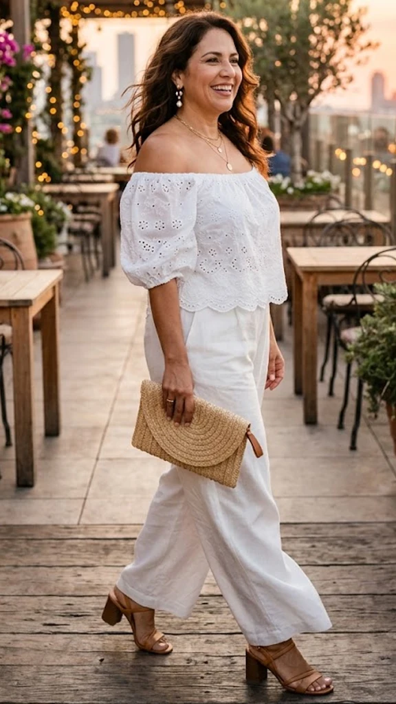 Crisp Off-the-Shoulder Eyelet Blouse with Flowing White Trousers