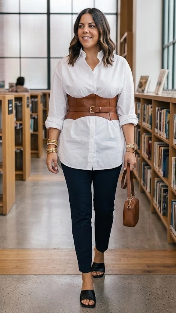 Crisp Poplin Button-Down Cinched with an Architectural Corset Belt