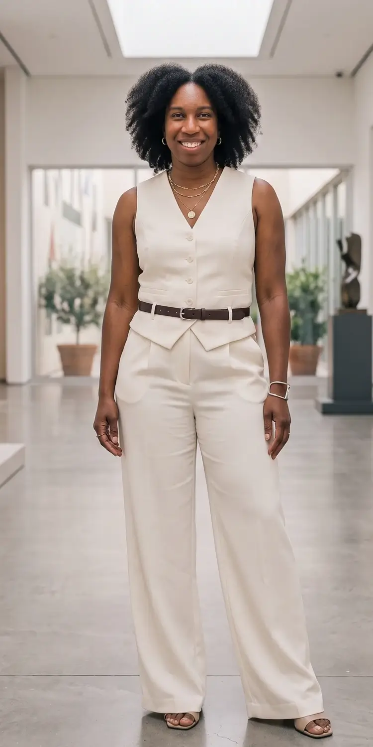 Crisp Tailored Suiting Vest and Floor-Skimming Wide-Leg Trousers