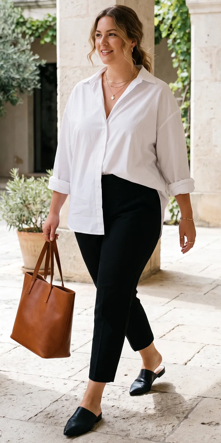 Crisp White Button-Down Half-Tucked into Tapered Black Trousers