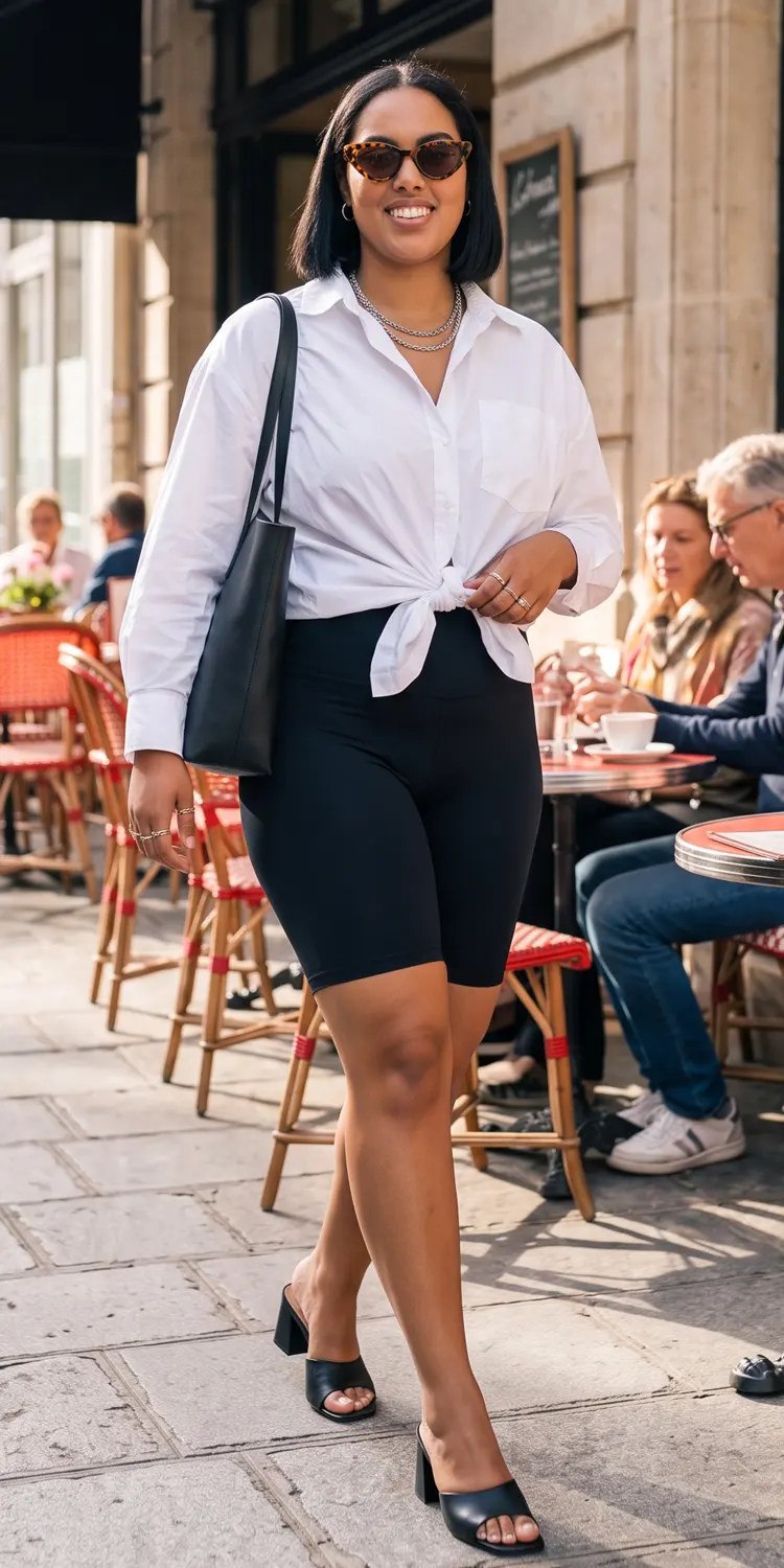 Crisp White Poplin Shirt Cinched Over Curve-Hugging Bike Shorts