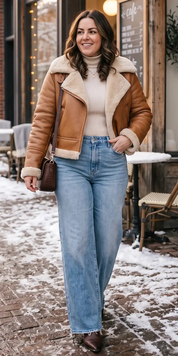 Cropped Aviator Shearling Jacket with High-Rise Wide-Leg Denim