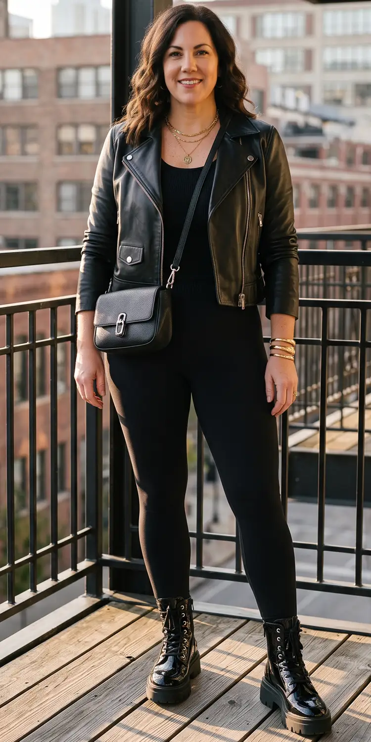 Cropped Biker Leather Jacket With Seamless Leggings and Platform Lug Boots