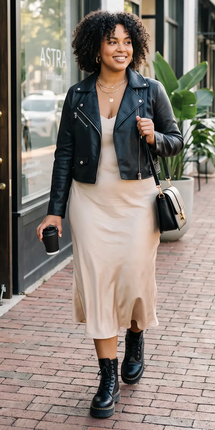 Cropped Faux-Leather Biker Jacket Over a Fluid Slip Dress