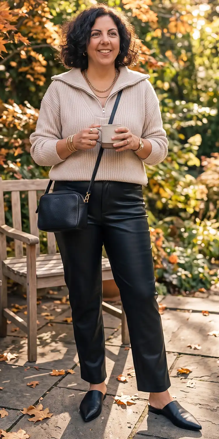 Cropped Half-Zip Sweater Paired with Straight-Leg Faux-Leather Pants