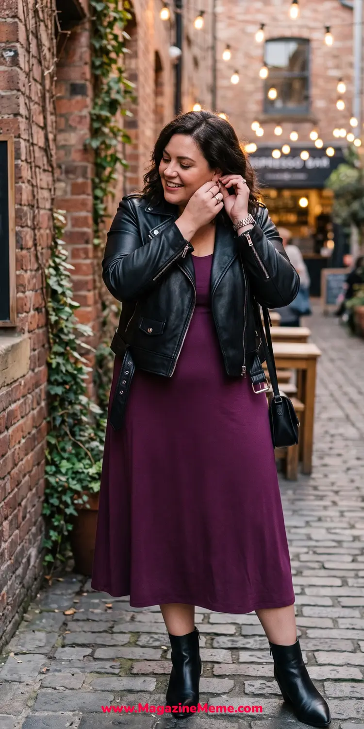 Cropped Moto Leather Jacket Over a Low-Cut Jersey Midi