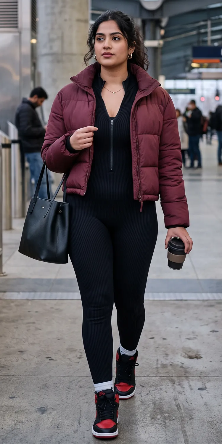 Cropped Puffer Jacket Layered Over a Ribbed Black Jumpsuit