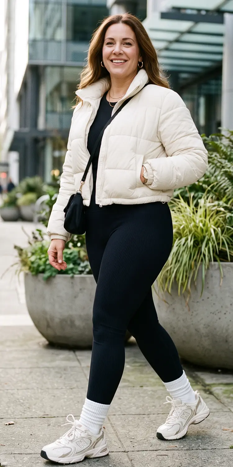 Cropped Puffer Jacket, Ribbed Black Leggings, and Retro Chunky Trainers