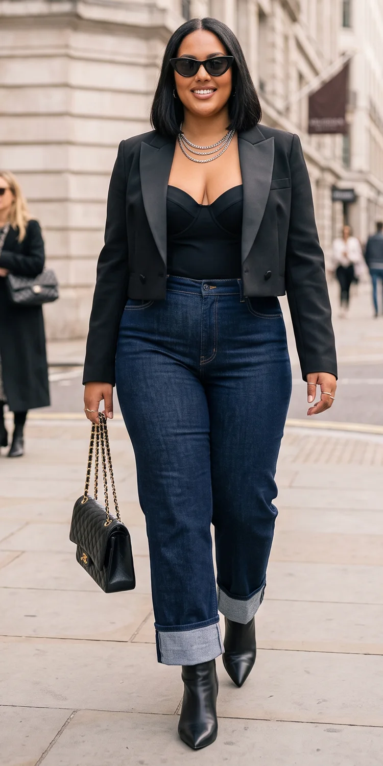 Cropped Tailored Tuxedo Jacket Paired with High-Waisted Cuffed Wide-Leg Jeans