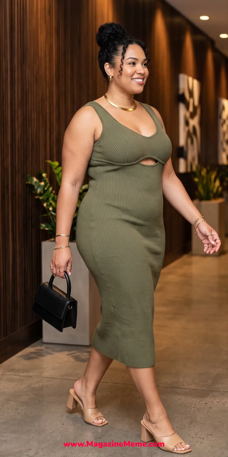 Cutout Ribbed Midi Dress Styled with Clean Gold Chokers