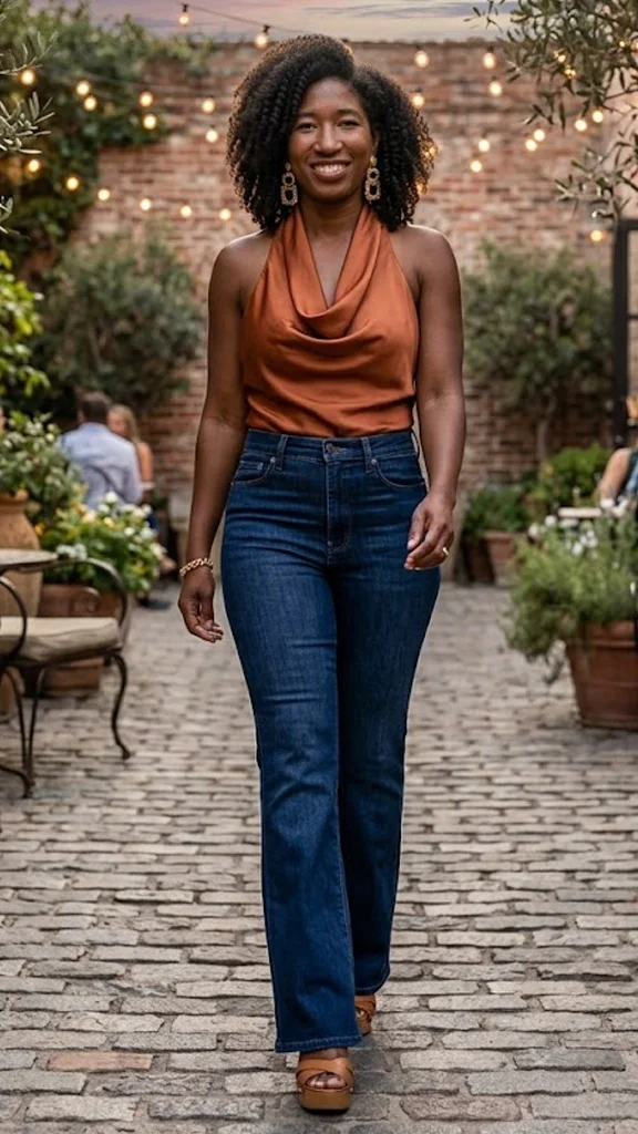 High-Rise Dark Wash Flare Jeans with a Draped Satin Halter Top