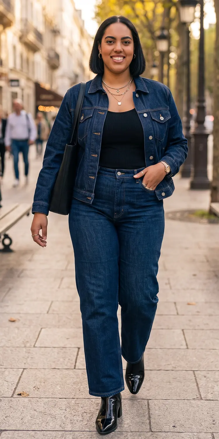 Dark Indigo Canadian Tuxedo with a Peek of Fitted Black Ribbed Tank